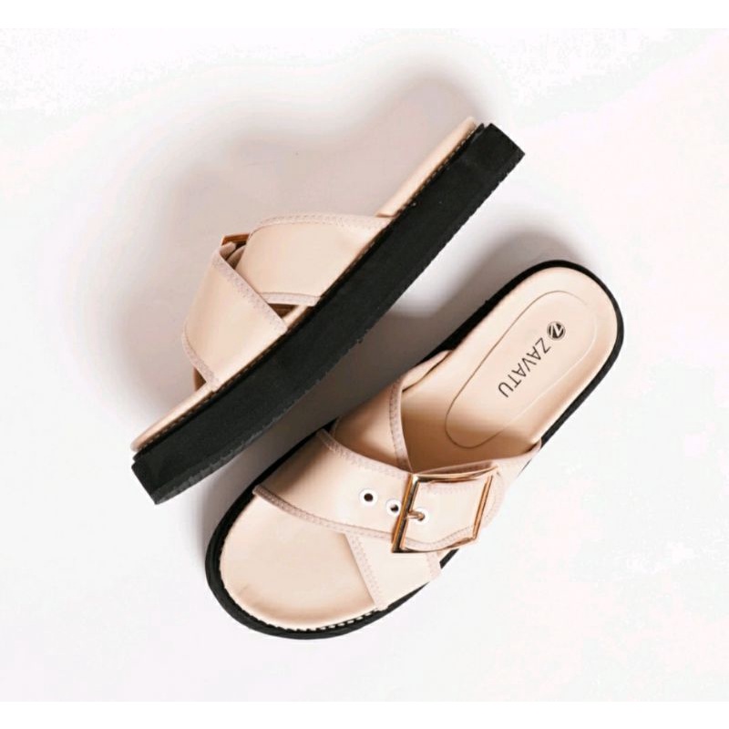 Original, Sandal Wedges Mules Wanita Size JUMBO 41.45 Slop JUMBO OVERSIZE Kulit Kaki Lebar Krem, 44