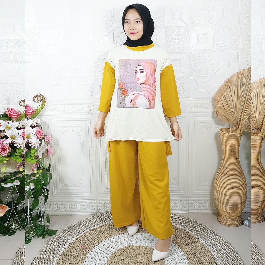 SETELAN BAJU TUNIK DAN CELANA PANJANG KULOT WANITA CANTIK BERHIJAB SALEHA