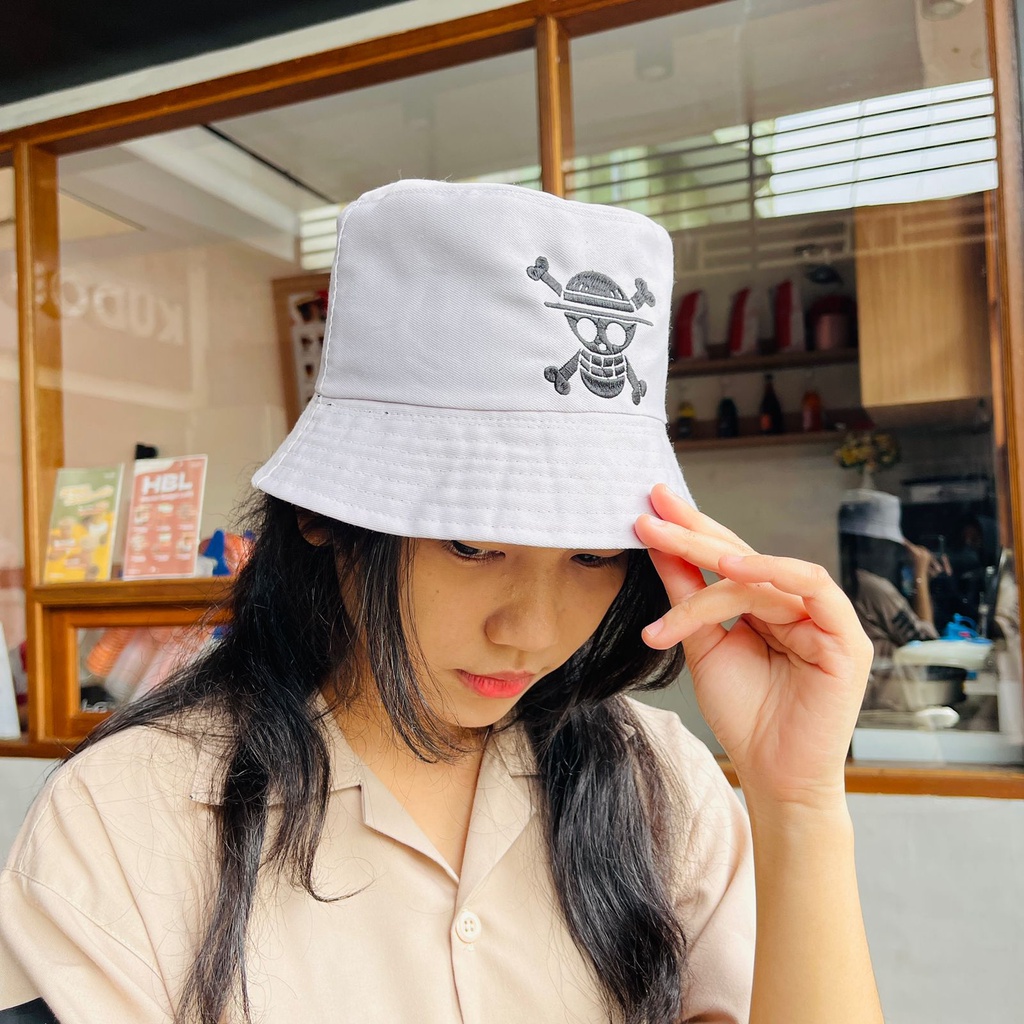 Bucket Hat One Piece Logo Embroidery White Anime Manga Premium Unisex