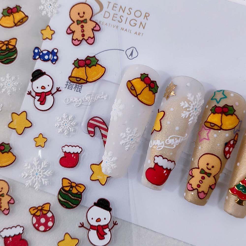 Mxbeauty Stiker Kuku Natal Fashion Relief Lampu Natal Elk Snowman Nail Art Dekorasi