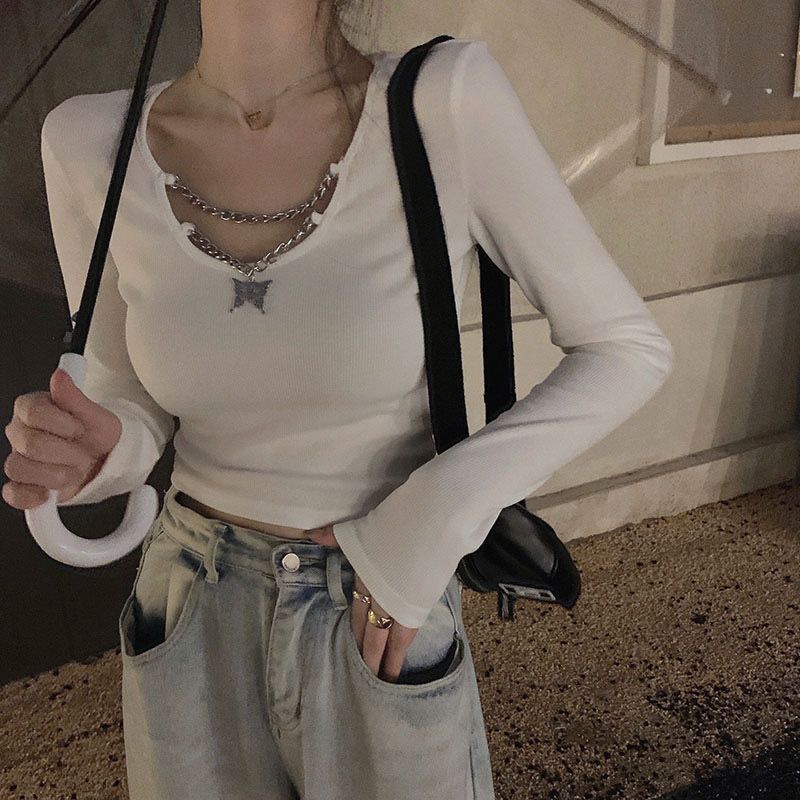 Suhao Lengan Panjang Hangat T-shirt Wanita Seksi Gadis Kupu-kupu Rantai Versi Korea Slim Plus Beludru Bottoming Kemeja Warna Solid Pinggang Tinggi Niche Top
