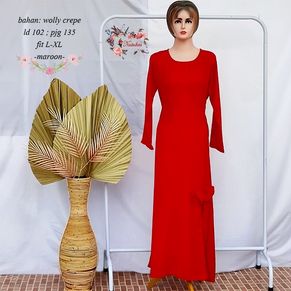 Baju Long Tunik Wanita Muslim Remaja Terbaru Kekinian Polos Model Belah Depan Pita Warna Maroon Bahan Wolly Crepe