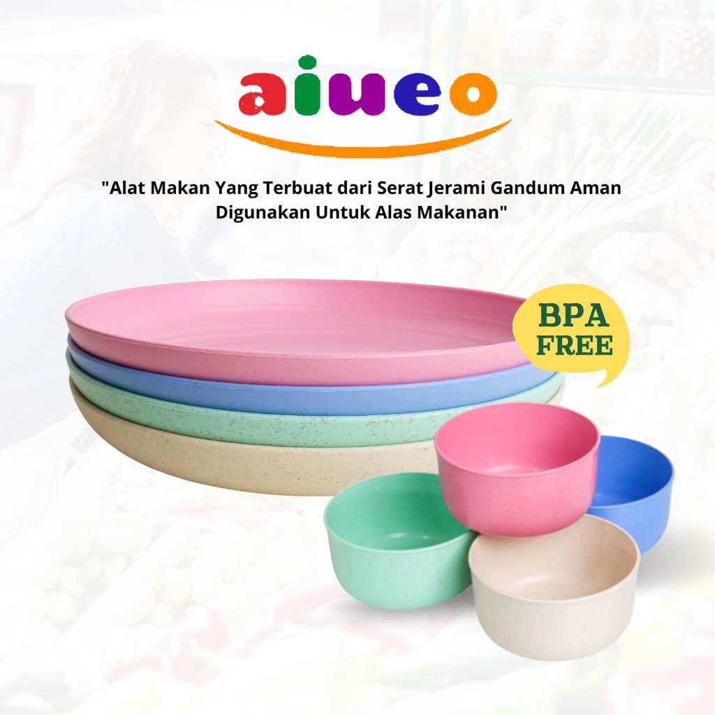 AIUEO Piring Makan Set 25cm Free Mangkok Set Wheat Straw Aesthetic Estetik Plastik