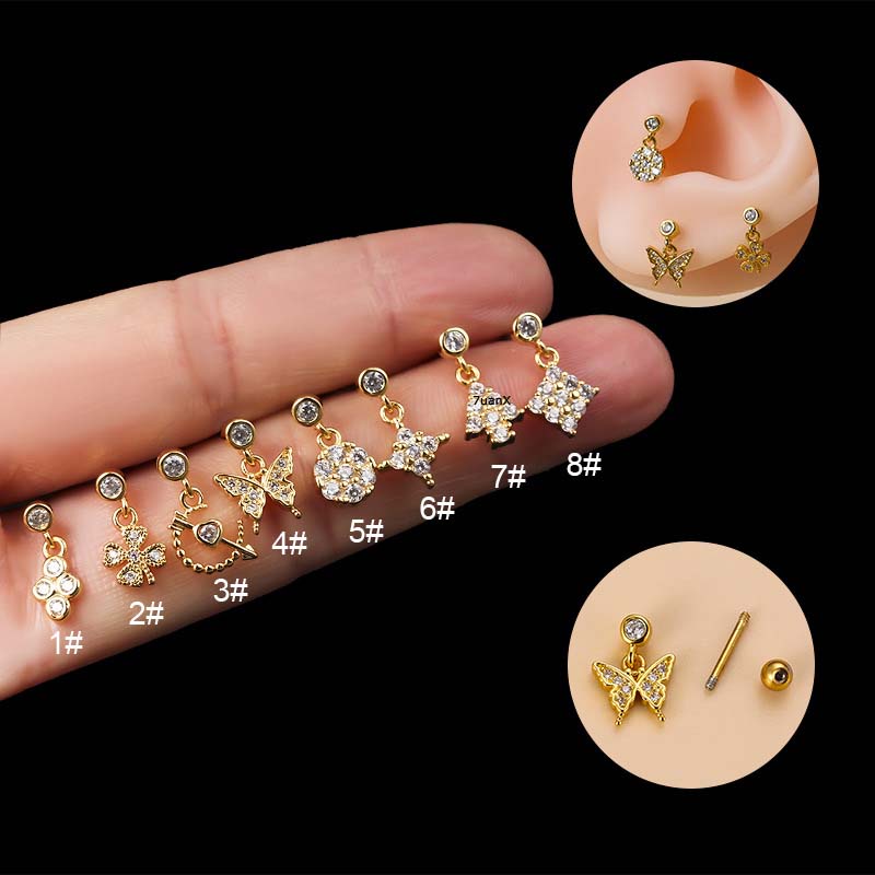 1pc Anting Stud Desain Kupu-Kupu Daun Menjuntai Bahan Stainless Steel Dengan Zircon