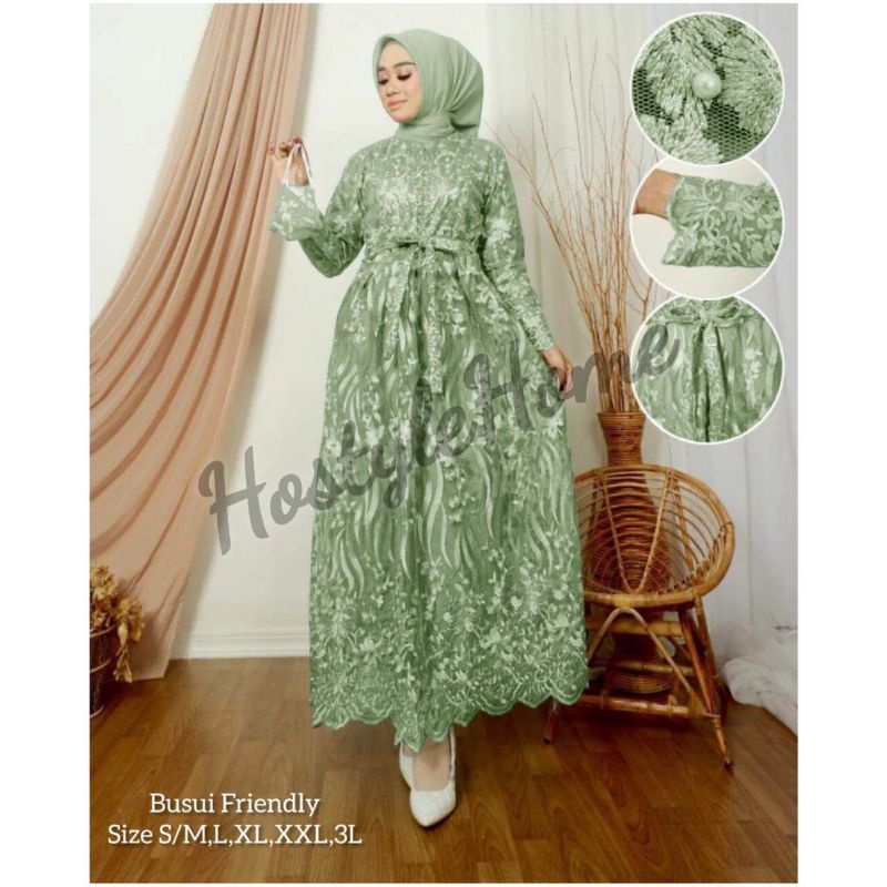 (NEW) LESTYA - BAJU DRESS GAMIS FULL BRUKAT BROKAT BUSUI FREE MASKER TALI OBI WANITA MUSLIM UKURAN S