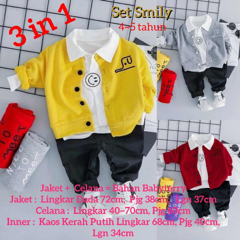 Melly81 Jaket Anak SET SMILY Kid Kids 4-5 Tahun Termasuk Kaos Kerah Putih 3in1 Kuning Abu Merah Baha