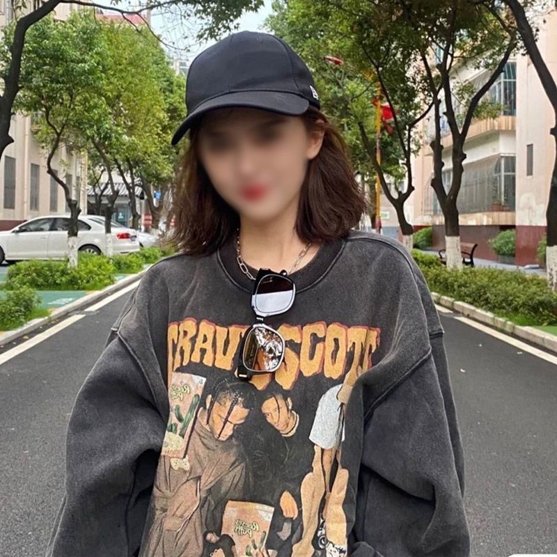 Eropa dan Amerika High Street Cotton Washed Old Lengan Panjang T-shirt Pria dan Wanita In Tide Merek Musim Semi dan Musim Gugur Longgar Gaya Hong Kong Leher Bulat sweater