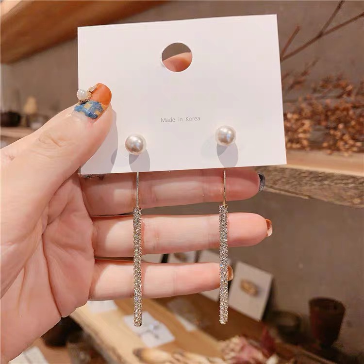 Anting Panjang Bahan 925 Silver Needle Aksen Mutiara Berlian Gaya Korea Untuk Wanita