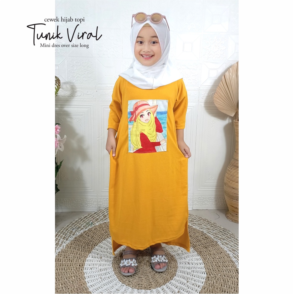 Gamis Anak Mini Dress Over Size Long Tunik Cewek Hijab Topi CKids