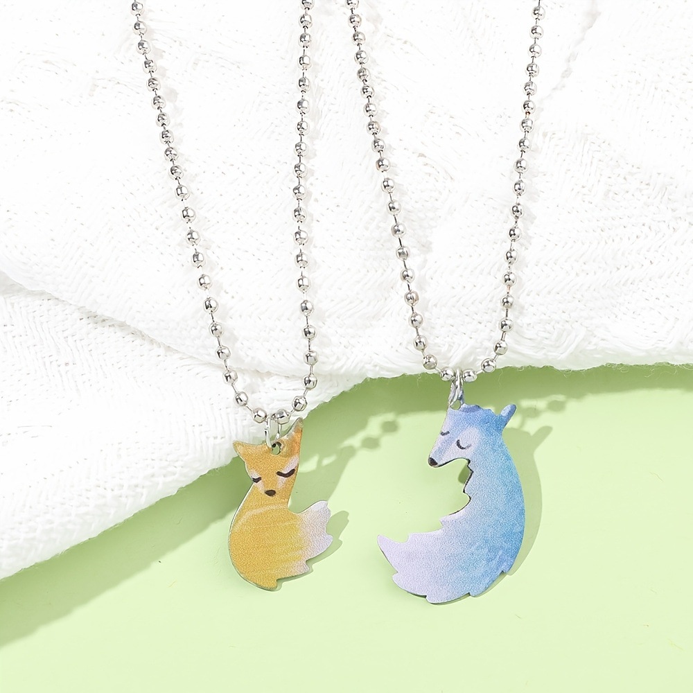 2 Pcs Couple Liontin Kalung DIY Dicat Tangan Rubah Merang Rubah Abu Besar Serigala Liontin Kalung