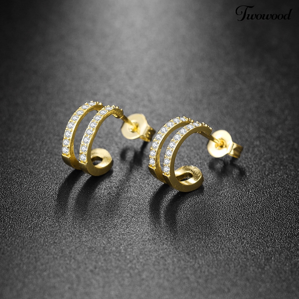 2pcs Anting Stud Berlian Imitasi Lapisan Ganda Untuk Wanita