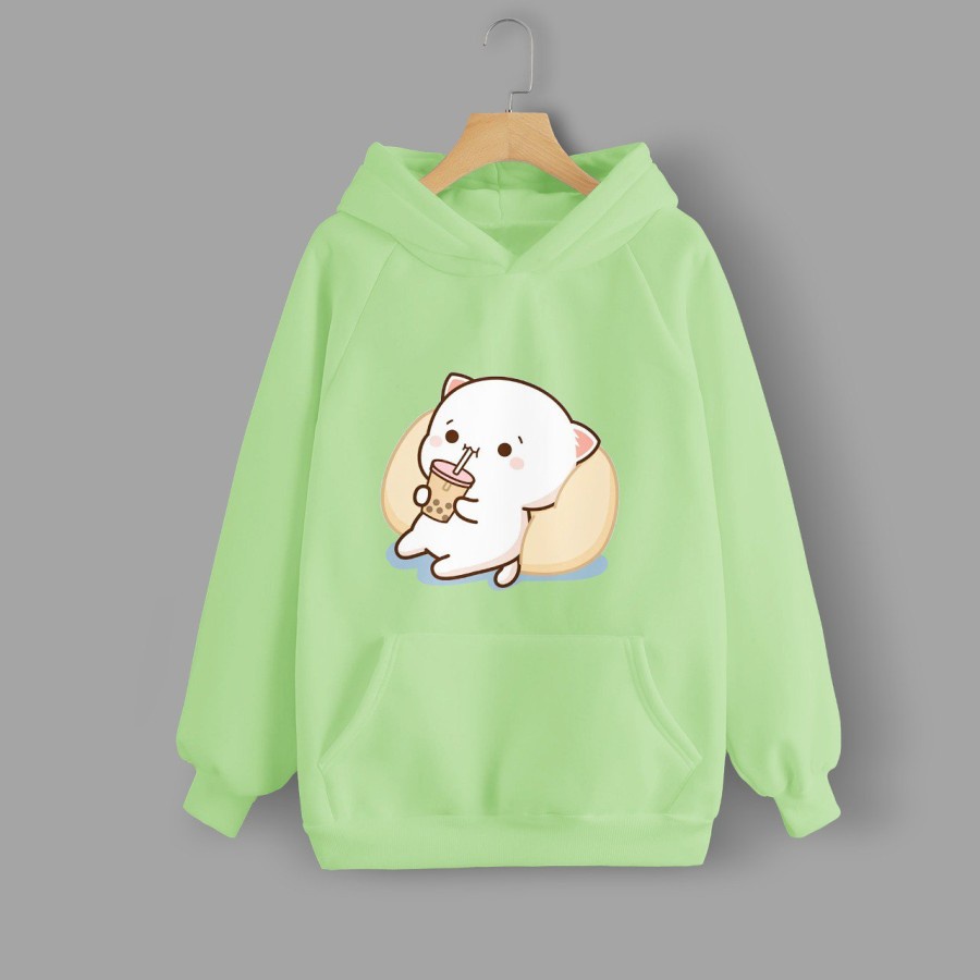 Hoodie Wanita Gambar Gomma Minum Boba Warna Mint Terbaru Vallenca Official