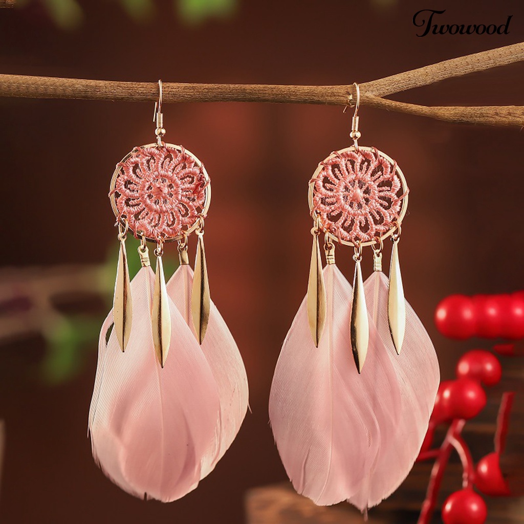 1 Pasang Anting Kait Rumbai Bentuk Dream Catcher Bulu Gaya Bohemian Untuk Pesta Pernikahan