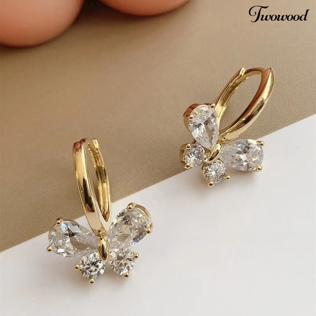 1 Pasang Anting Hoop Cubic Zirconia Bentuk Kupu-Kupu Geometris Electroplating Untuk Wanita