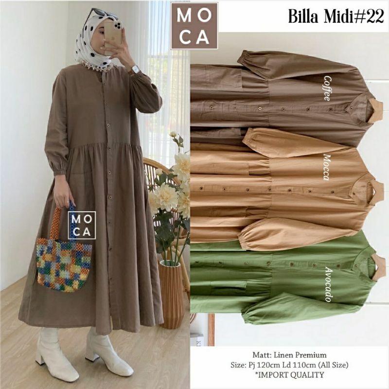 Billa Midi #22, MIDIDRESS POLOS SUPER CANTIK FIT XL LD 120 BAHAN LINEN PREMIUM KANCING AKTIF TERMURAH OOTD