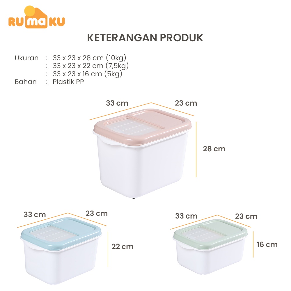 Rumaku Tempat Penyimpanan Beras 5 kg / 7.5 kg / 10 kg Dispenser Beras Kotak Beras Anti Serangga