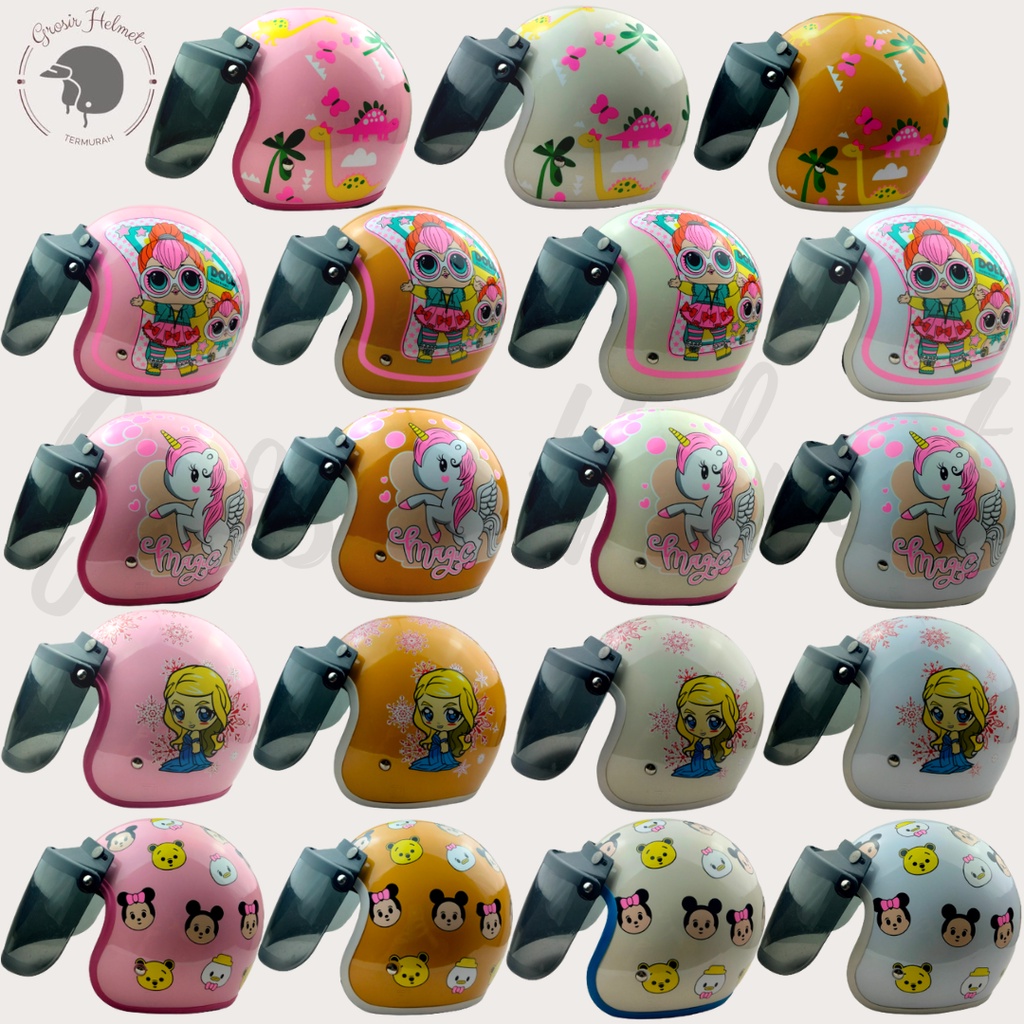 Helm Anak Motif Karakter Kartun Lucu LITTLE PONY LOL DINO SNI Full Leher Murah FREE KACA DATAR HITAM