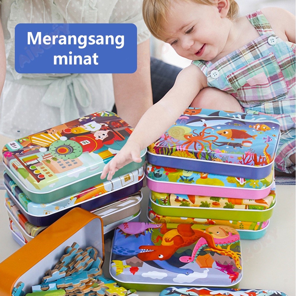 Aikoky Puzzle Kayu Kotak Besi 60PCS/Puzzle kaleng 60PCS/Wooden toys/Mainan kayu edukasi anak