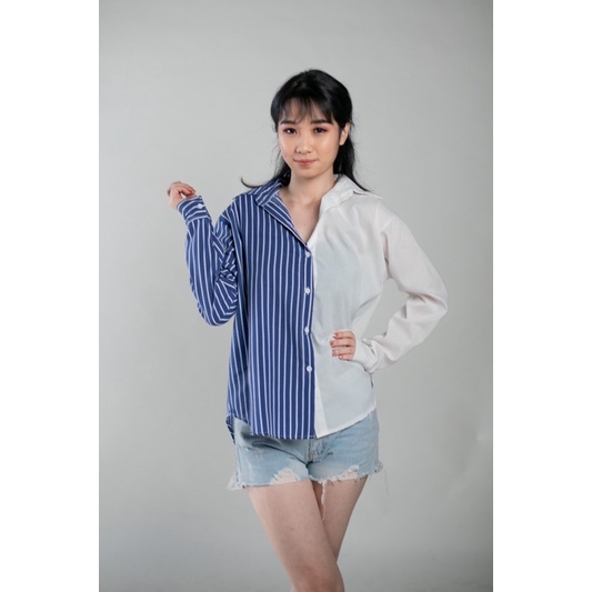 atasan kemeja casual wanita / kemeja salur Ld 110/ kemeja katun stripe