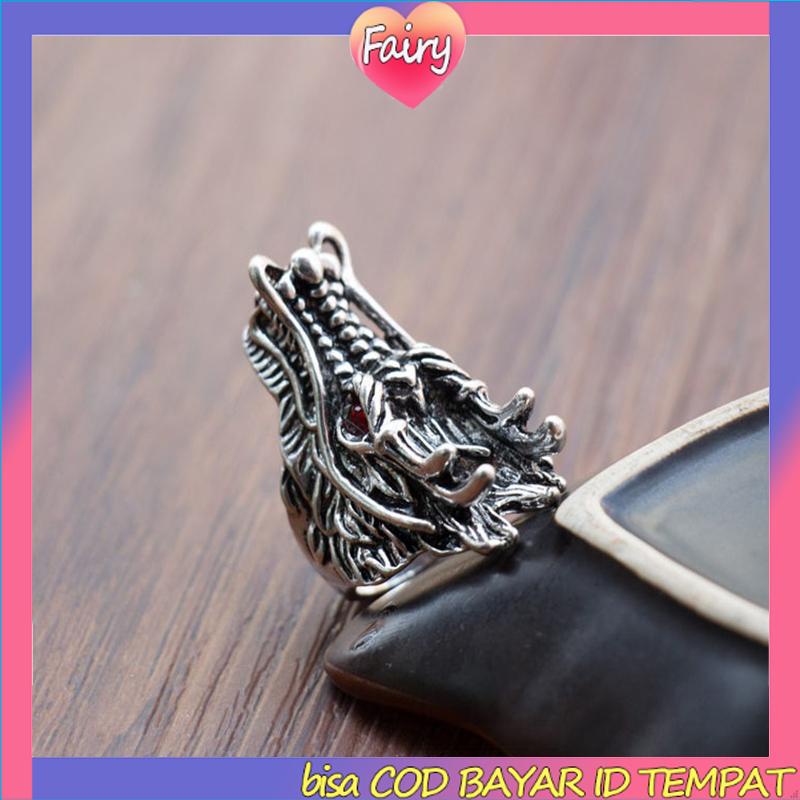 Cincin Desain Ukiran Kepala Naga Bahan Cubic Zirconia Gaya Punk Untuk Pria F