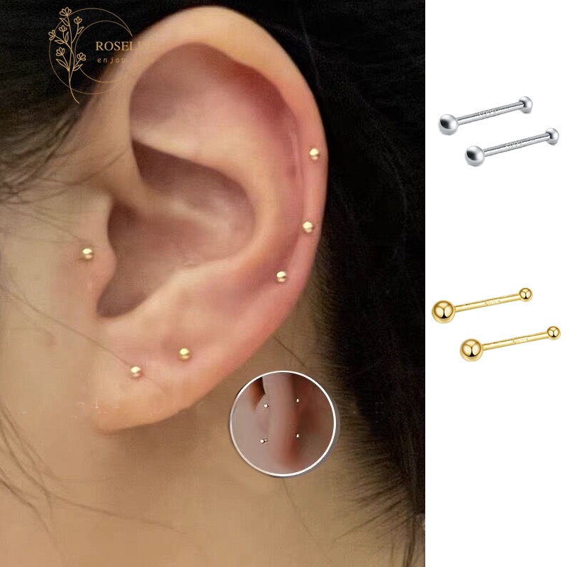 Roselife 2pcs Anting Tusuk Sterling Silver 925 2mm Hias Manik-Manik Kecil Untuk Wanita