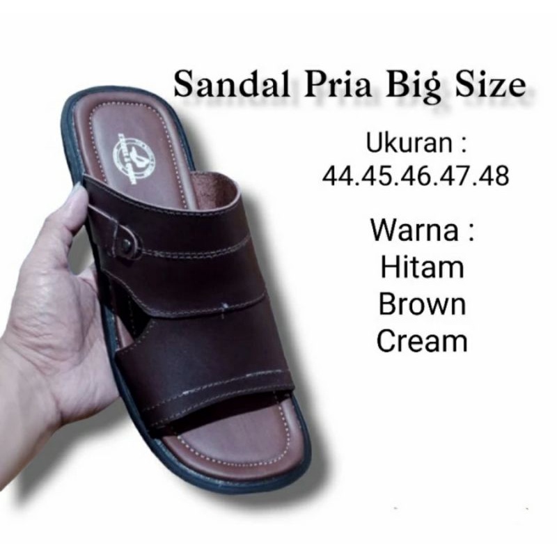 Sandal Full Kulit Pria BIG SIZE 43 44 45 46 47 48 Sendal Slip On Slop Kasual Pesta Ukuran JUMBO Gemuk Lebar Brown, 43