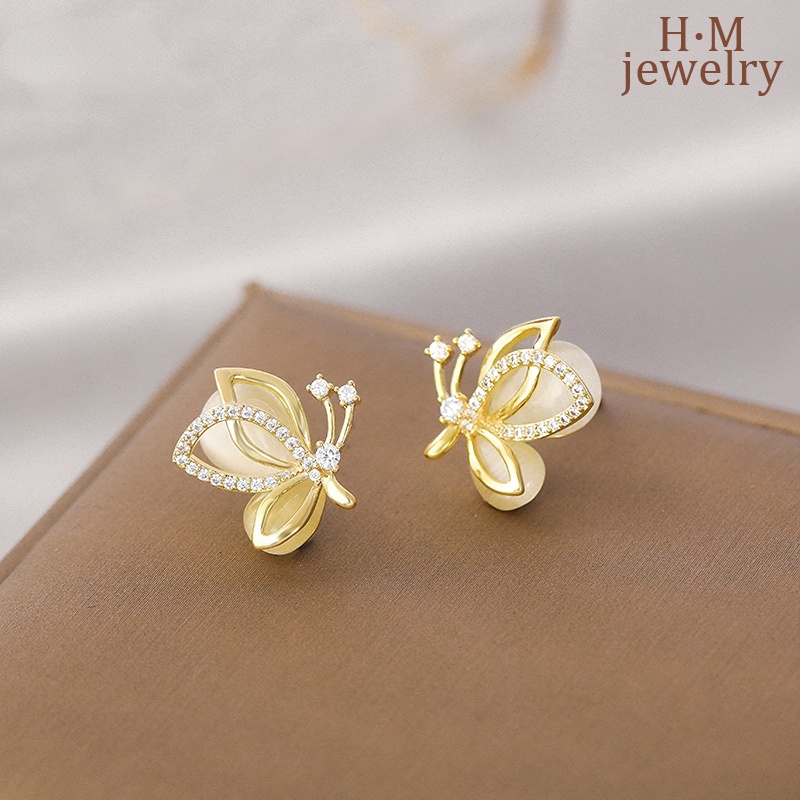 Butterfly Anting Tusuk Bentuk Kupu-Kupu Hias Batu Opal + Berlian Imitasi Elegan Berkilau Untuk Wanita