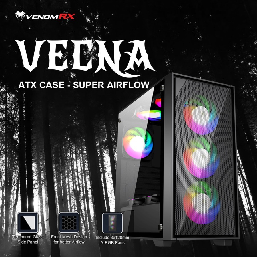 VenomRX Casing PC Vecna ATX Tempered Glass 3x120mm ARGB Fan