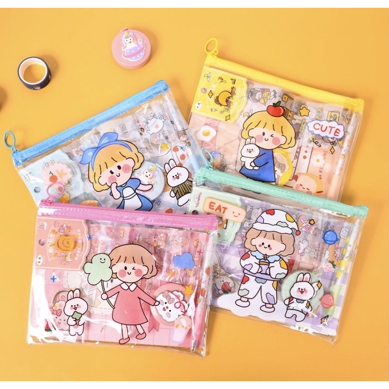 

set stationery/ set alat tulis anak pouch zipper PVC stiker PET karakter kawaii/cute import