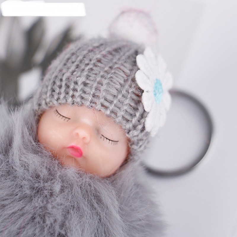 Twowood Gantungan Kunci Boneka Bayi Tidur Dengan Topi Rajut Fluffy Aneka Warna Untuk Wanita