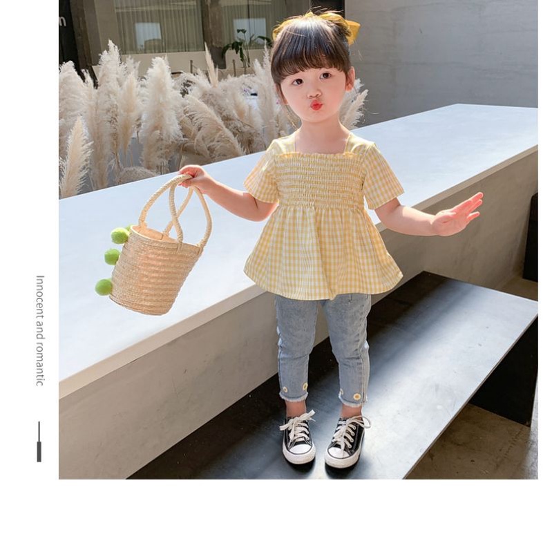 JUNECOLLECTIONS KEROOD BLOUSE BAJU KERUT SETELAN PETAK ANAK PEREMPUAN CELANA PANJANG JEANS #659