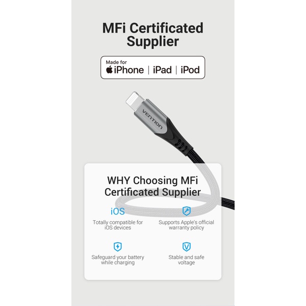 Vention Cable MFi USB-C To Lightning Nylon Braided Gray New - TAC