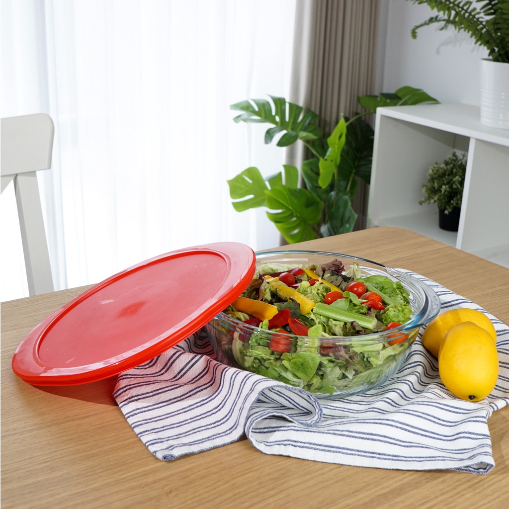 Ocuisine Round Dish With Plastic Lid 26 cm | Wadah Saji Makanan Kaca