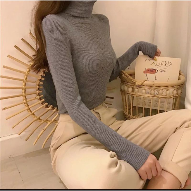 Baju Rajut Ribbed Turttle Daisy Sweater Rajut Premium