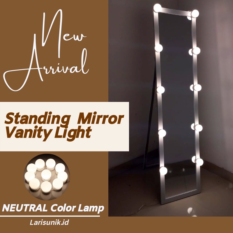 Mirror LED Cermin Standing Besar Lampu Vanity Lamp Dinding Gantung Aesthetic Besar Bingkai Kayu Lampu Bohlam Rias Dandan Make Mek Up Hias Untuk Penghias Kamar Tidur Room Decor Aesthetic  Kaca Miror Besar Berdiri Sebadan Full Body Gede OOTD Mirror