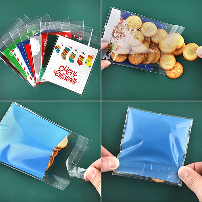 100pcs Kantong Permen / Kue / Biskuit / Snack Motif Natal Dengan Perekat Navidad