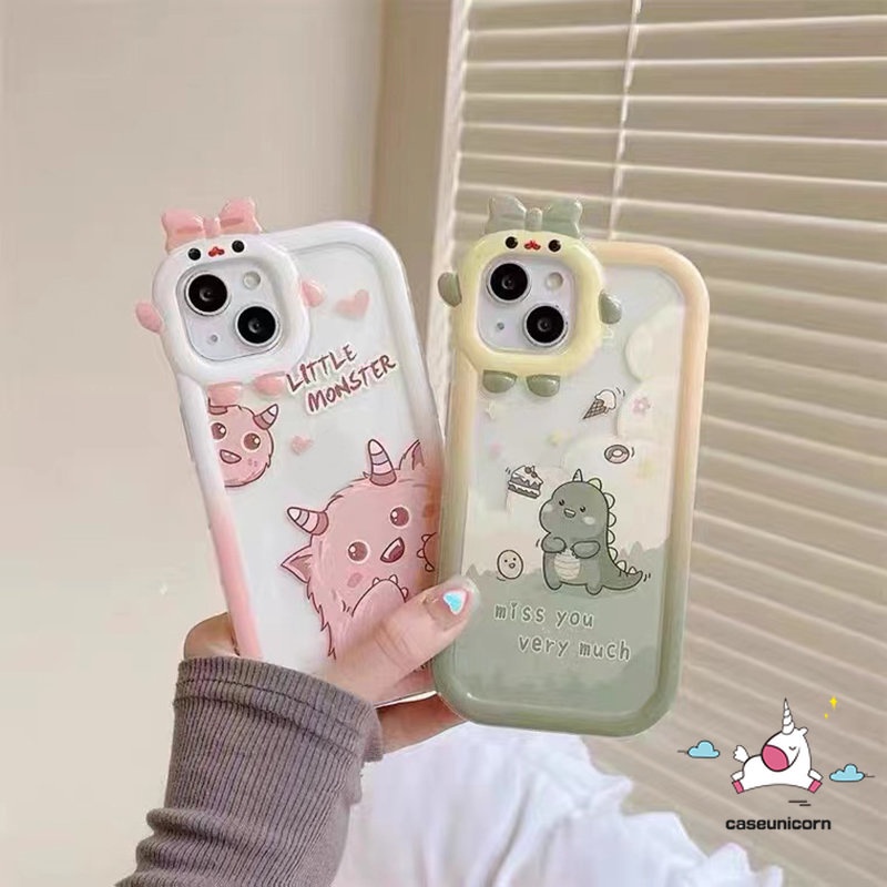 Casing Realme C33 C25Y C12 C15 C21Y C31 C11 C35 C30 C25 C25s C21 C2 C1 C3 C17 8 8i 9 8pro 7 9pro+5 6i 9i 5s 5 7i Kartun Dinosaurus Monster Lucu 3D Bow Little Monster Lensa Soft Case Tempat Kotak Makan