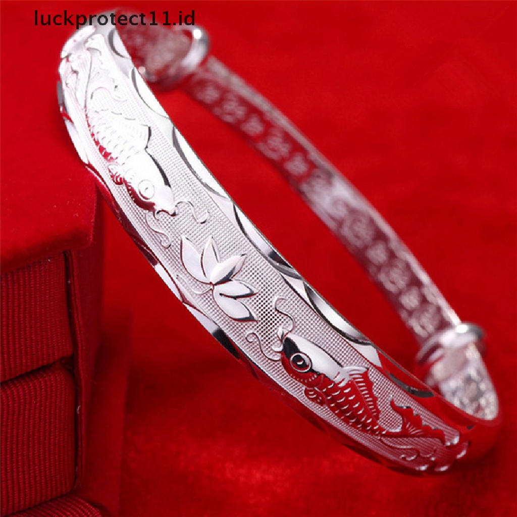 Gelang Bangle Adjustable Desain Ikan Dan Bunga Lotus Warna Silver Untuk Wanita