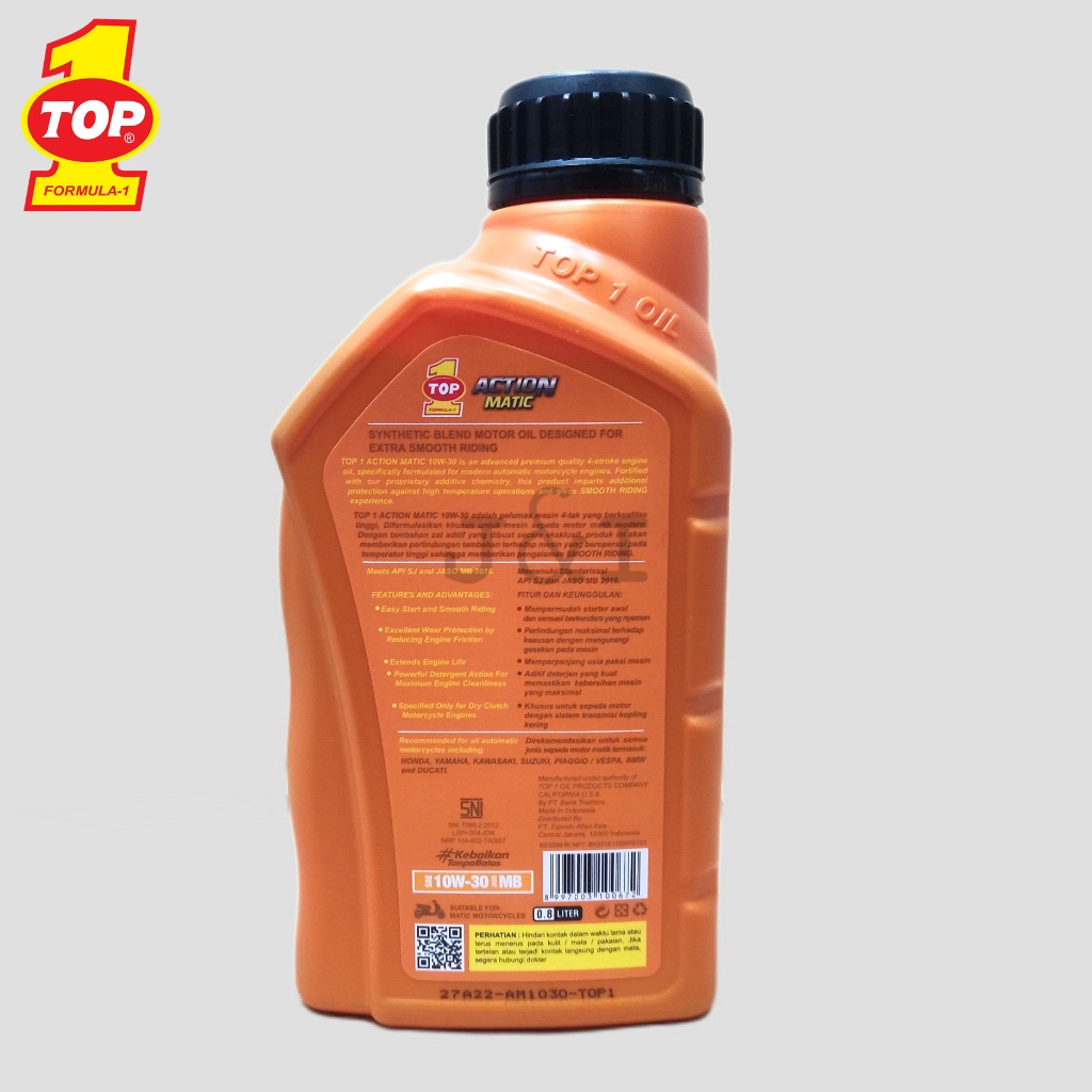 Oli Top 1 Action Matic SAE 10W-30 API SJ JASO MB 0,8 Liter - Oli Matic