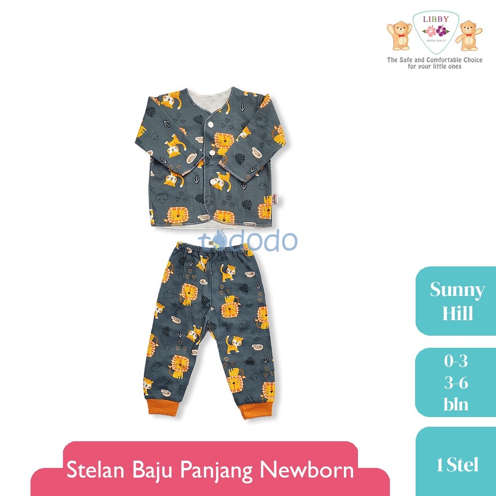 Baju Bayi Setelan Lengan Panjang Kancing Depan Piyama Anak Newborn 0 3 6 Bulan Motif LIBBY Motif Sunny Hill (1 stel)