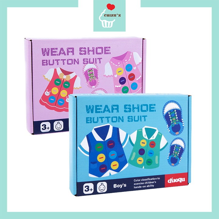 Duoqu Wear Shoe Button Suit SET | Mainan Menjahit Kancing Baju Mengikat Tali Sepatu | Montessori Lacing Threading Sewing Toy | Mainan Edukatif Edukasi Anak Motorik Halus | Hand Eye Coordination / Koordinasi Mata dan Tangan