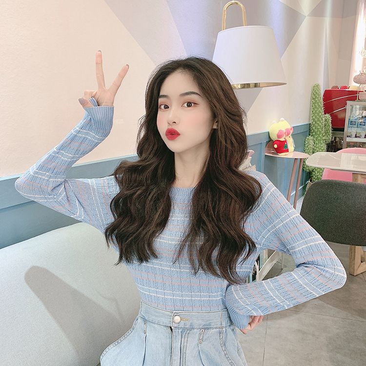 YIU YIU Rajut - Kaos Wanita Crewneck Rajut Lengan Panjang Terbaru Korean Crop Casual Top