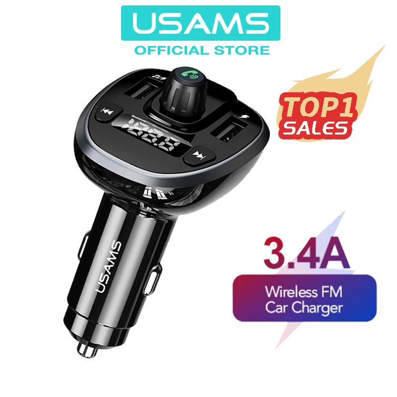 USAMS Official Original Car Charge C21 Digital Display 3.4A 15W Fast Charge aksesoris mobil Bluetooth audio Dual USB Car Charger FM Modulator Bluetooth Digital Display