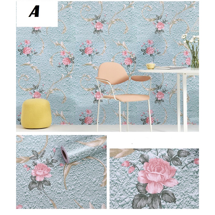 Wallpaper Dinding Motif BUNGA MAWAR PINK DASAR HIJAU 10m x 45cm