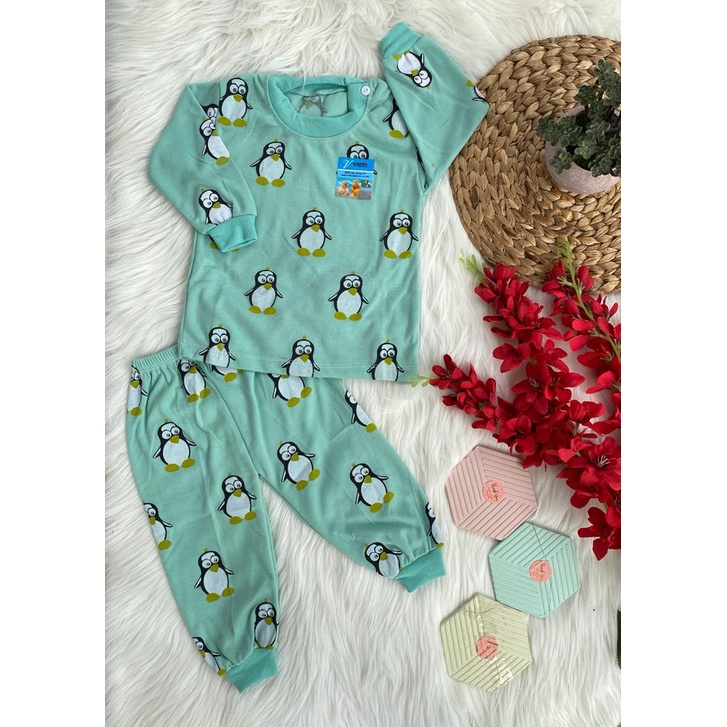 baju bayi lucu murah motif pinguin FULLPRINT setelan 3-18 bulan