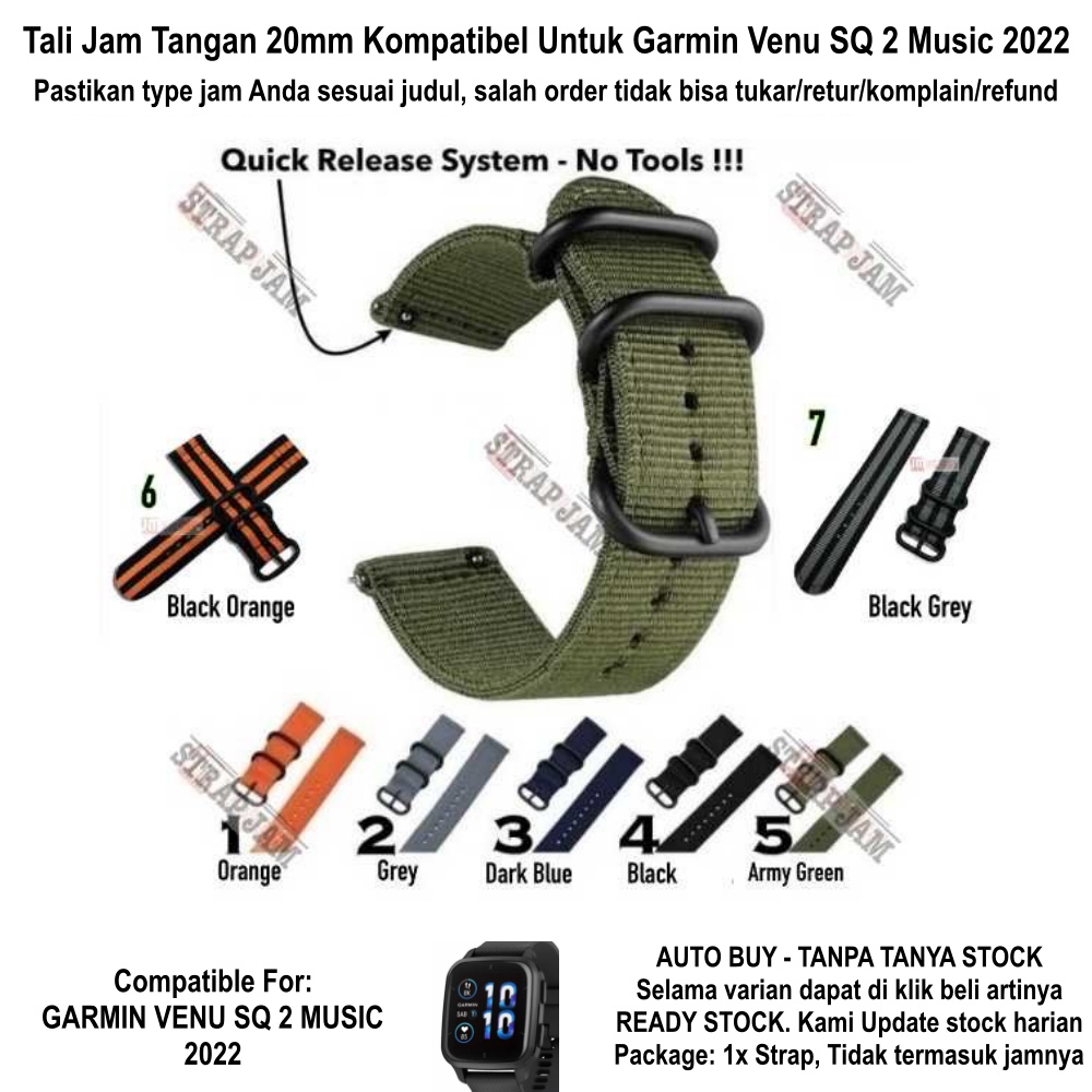 STT 20mm Strap Garmin Venu SQ 2 Music 2022 - Tali Jam Tangan Nilon Stitching Army Look