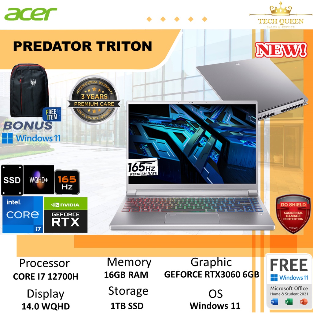 Acer Predator Triton 300SE PT314 RTX3060 6GB/ I7 12700H 16GB 1TBSSD W11+OHS 14.0 Inchi WQXGA 165HZ