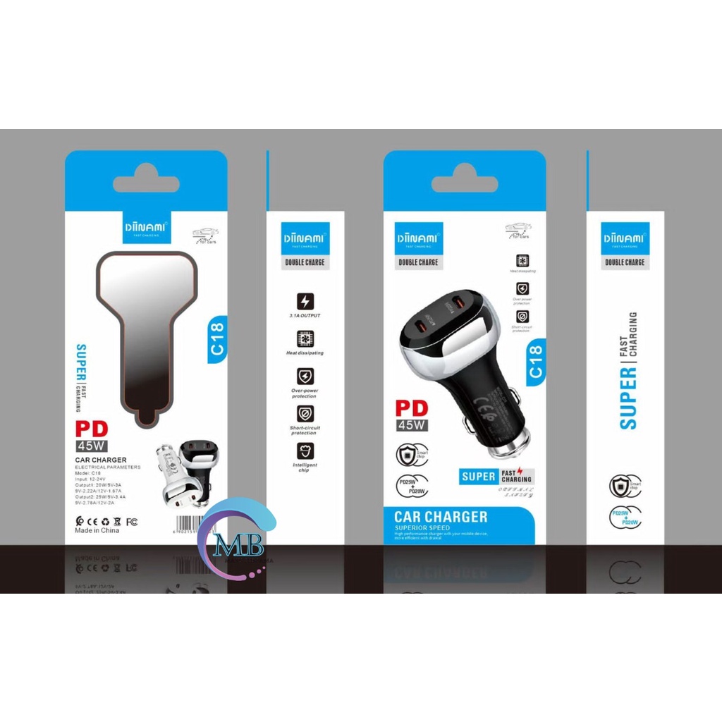 DIINAMI C18 Original Car Charger Mobil 45W super Fast Charging  Type C Saver Casan XiaoMi Samsung Vivo oppo MB4060