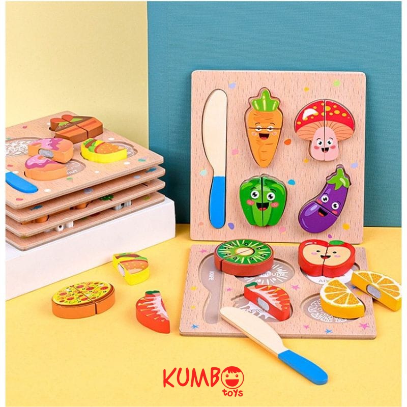 Mainan Edukasi Anak Puzzle Pretend Play Wooden Mainan Potong Makanan Buah Sayur Kayu