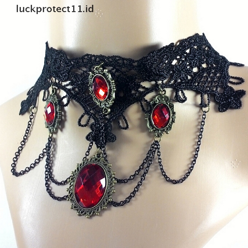 Kalung Choker Lace Hitam Aksen Kristal Merah Untuk Wanita